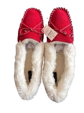 Talbots Red Suede Faux Fur Lined Moccasin Slippers